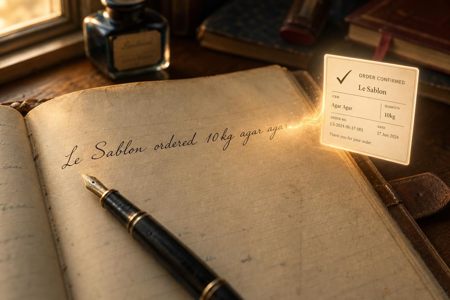 A handwritten ledger entry reading 'Le Sablon ordered 10kg agar agar' dissolving into a glowing digital order-confirmation card beside a fountain pen